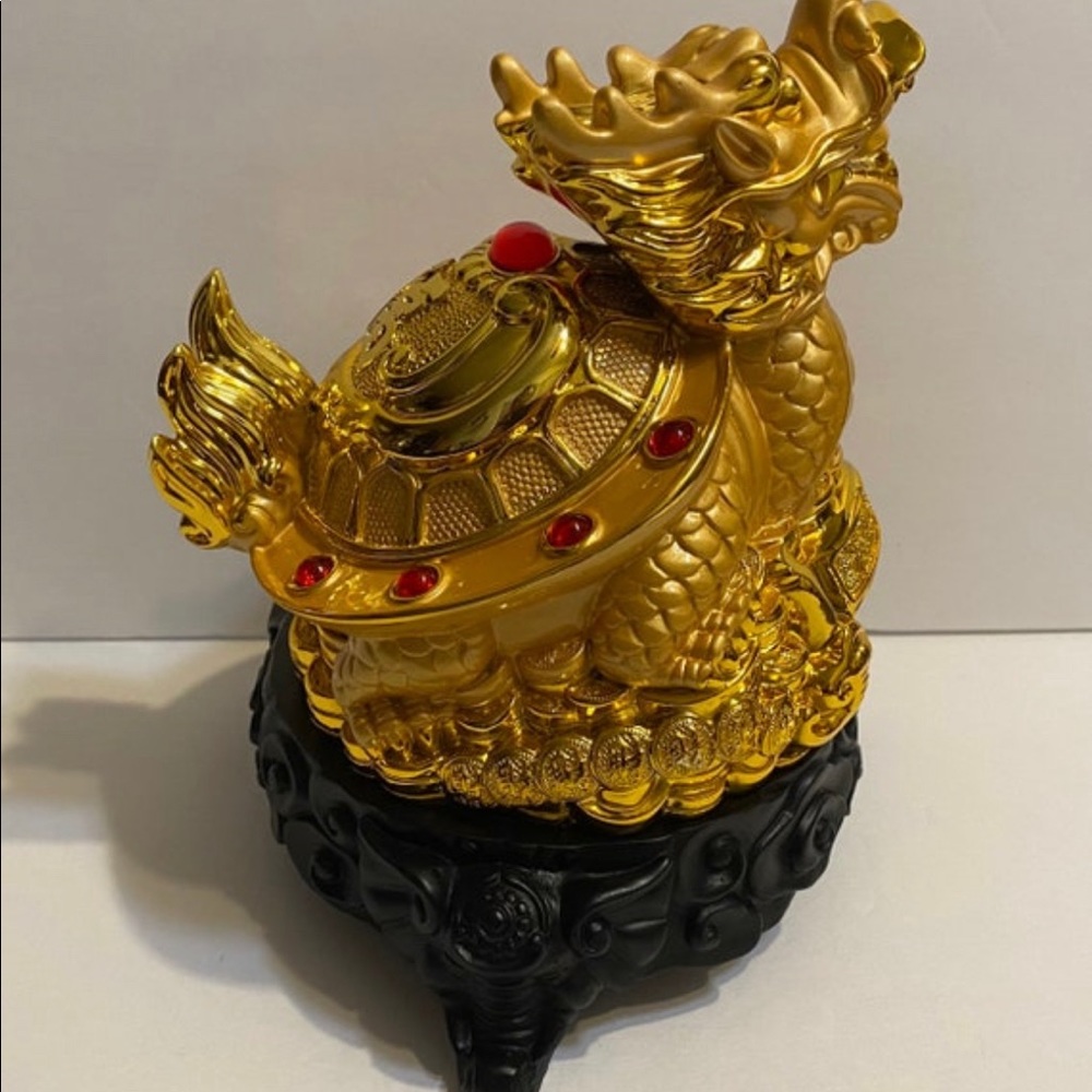 Gold Dragon Turtle Tortoise Statue With Base 8” - Picture 7 of 8